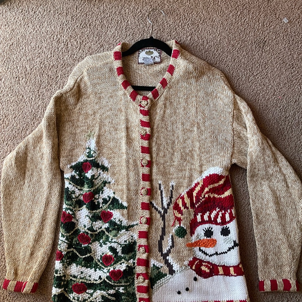 Tiara Festive Snowman Cardigan - Red and Tan
